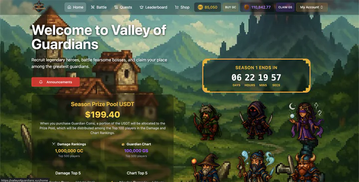 Valley of Guardians: the browser battler home screen